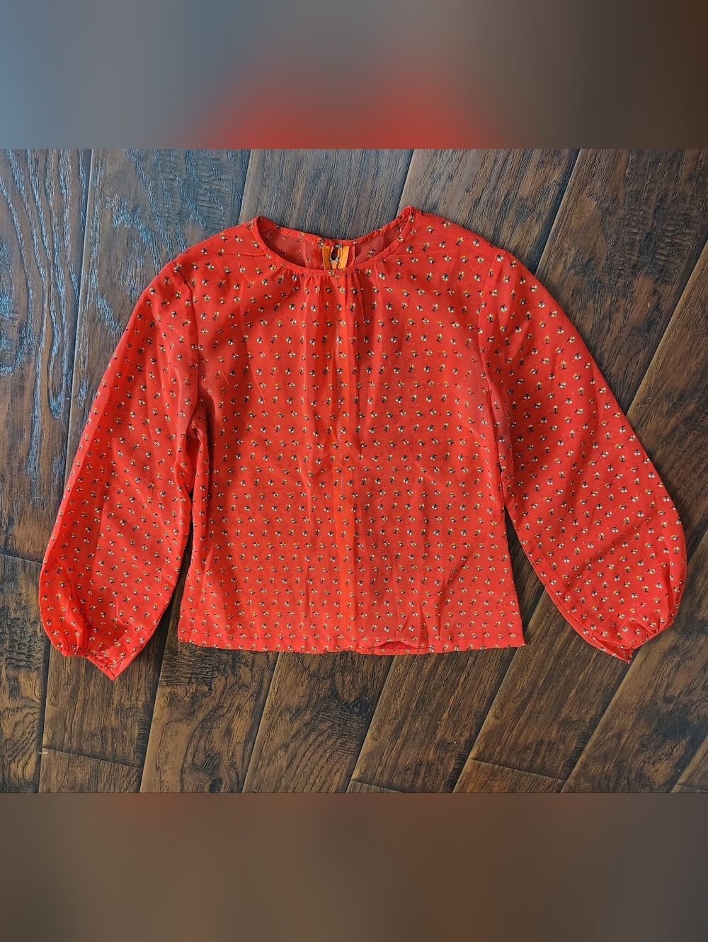 Vintage 70s sheer red floral long sleeve Blouse Size S